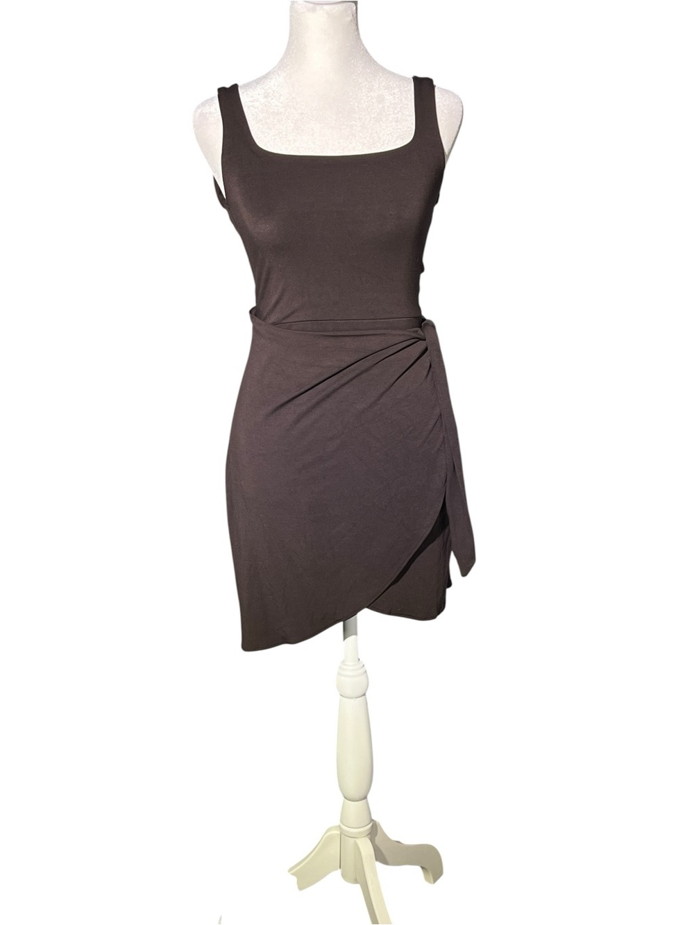 WILFRED Aritzia Dark Brown Faux Wrap Square Neck Stretch Mini Dress Size XS - Picture 13 of 13